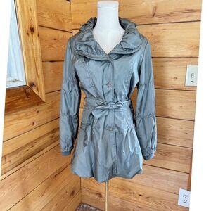 Vintage Metallic Trench Coat Womens Large Pewter Gray Samuel Dong Bubble Hem 90s